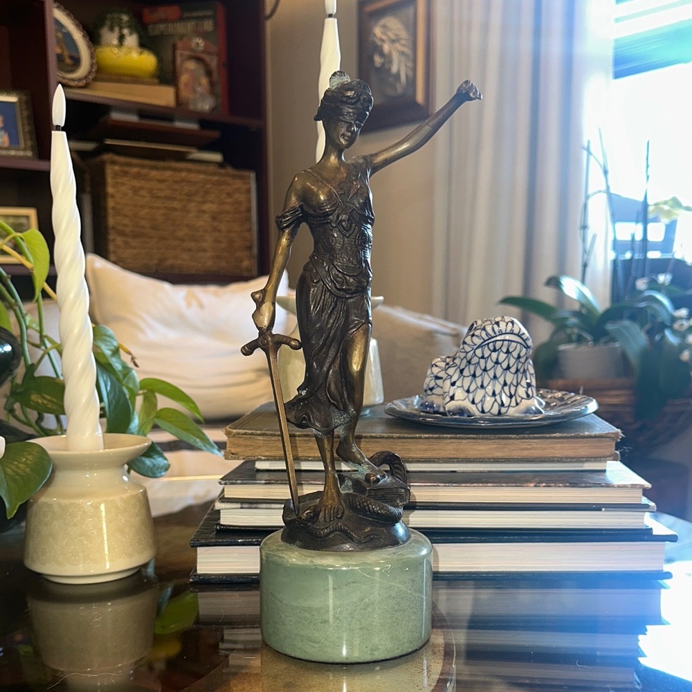 Vintage Bronze Blind Lady Justice Figurine on Green Marble Base A Mayer